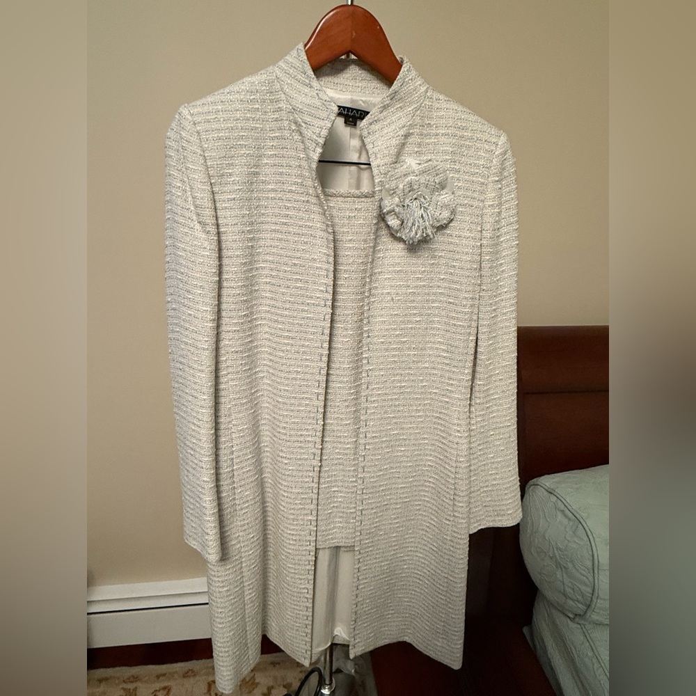 Tahari Light Blue and Ivory Skirt and Jacket with Floral Pin Accent
